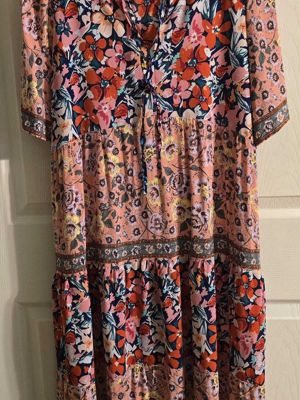 Umgee Pink Floral Midi Dress with Navy & Coral Accents